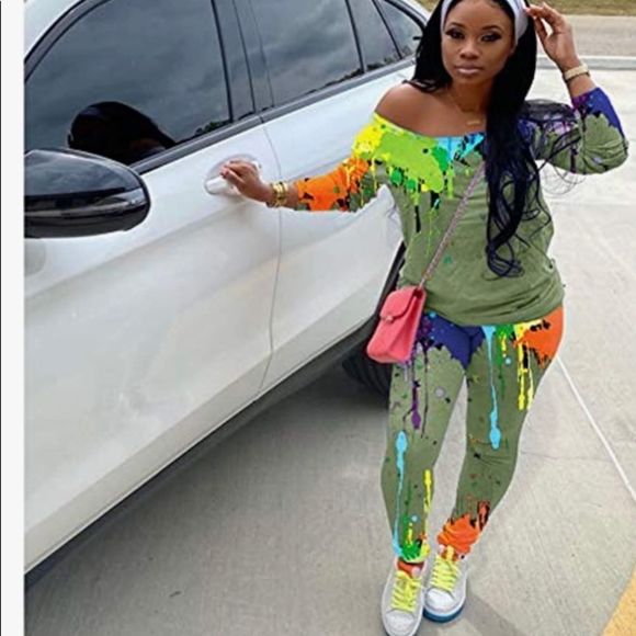 Yeshire Pants - Green 2 Piece Outfits Pants Set Long Sleeve Tie Dye Off The Shoulder Set​​​
